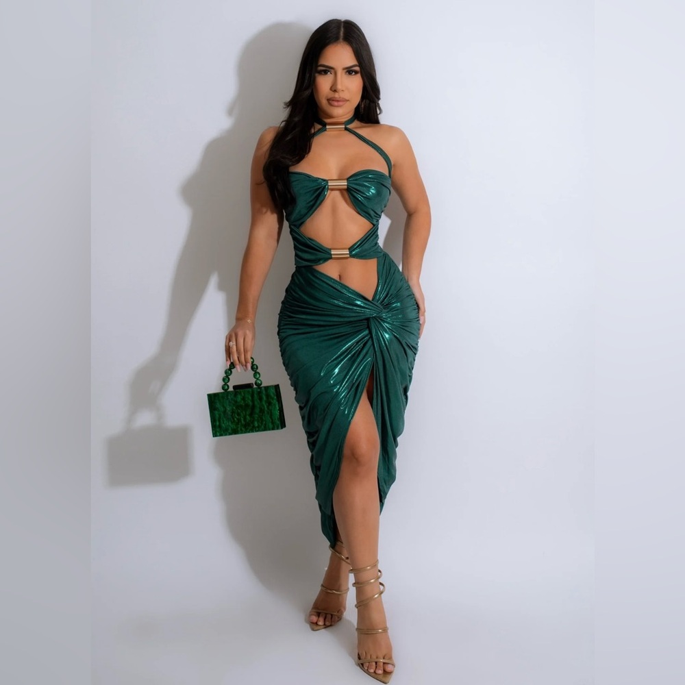 Green Bodycon Halter Dress with Cutout and Slit